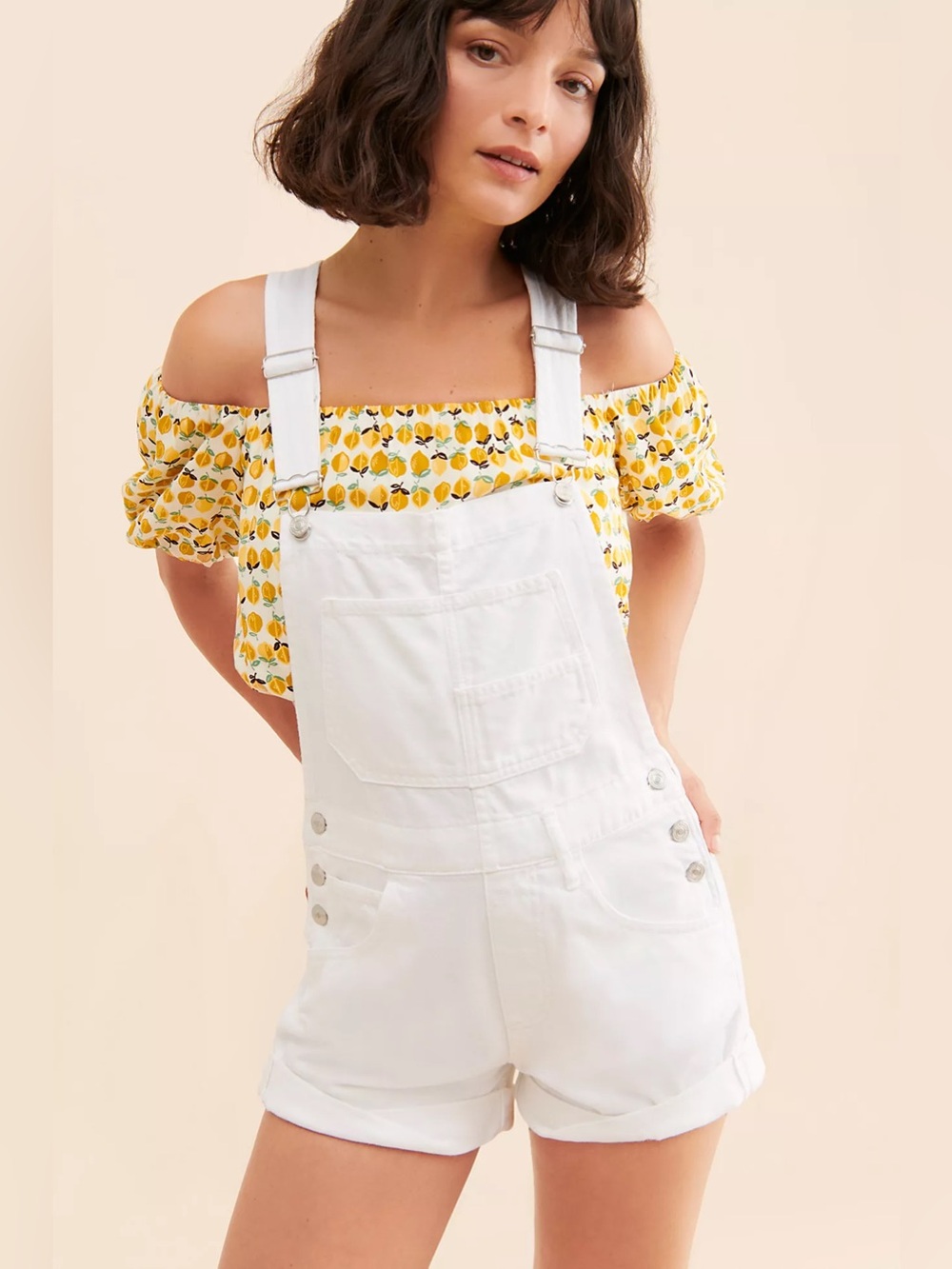 We The Free White Denim Short Overalls with Adjustable Straps